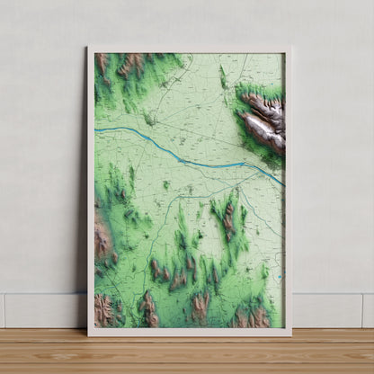 Mapa artístico del relieve de Serra de Daró, al Baix Empordà, con 15 km de entorno y base topográfica ICGC. Presentación enmarcada.