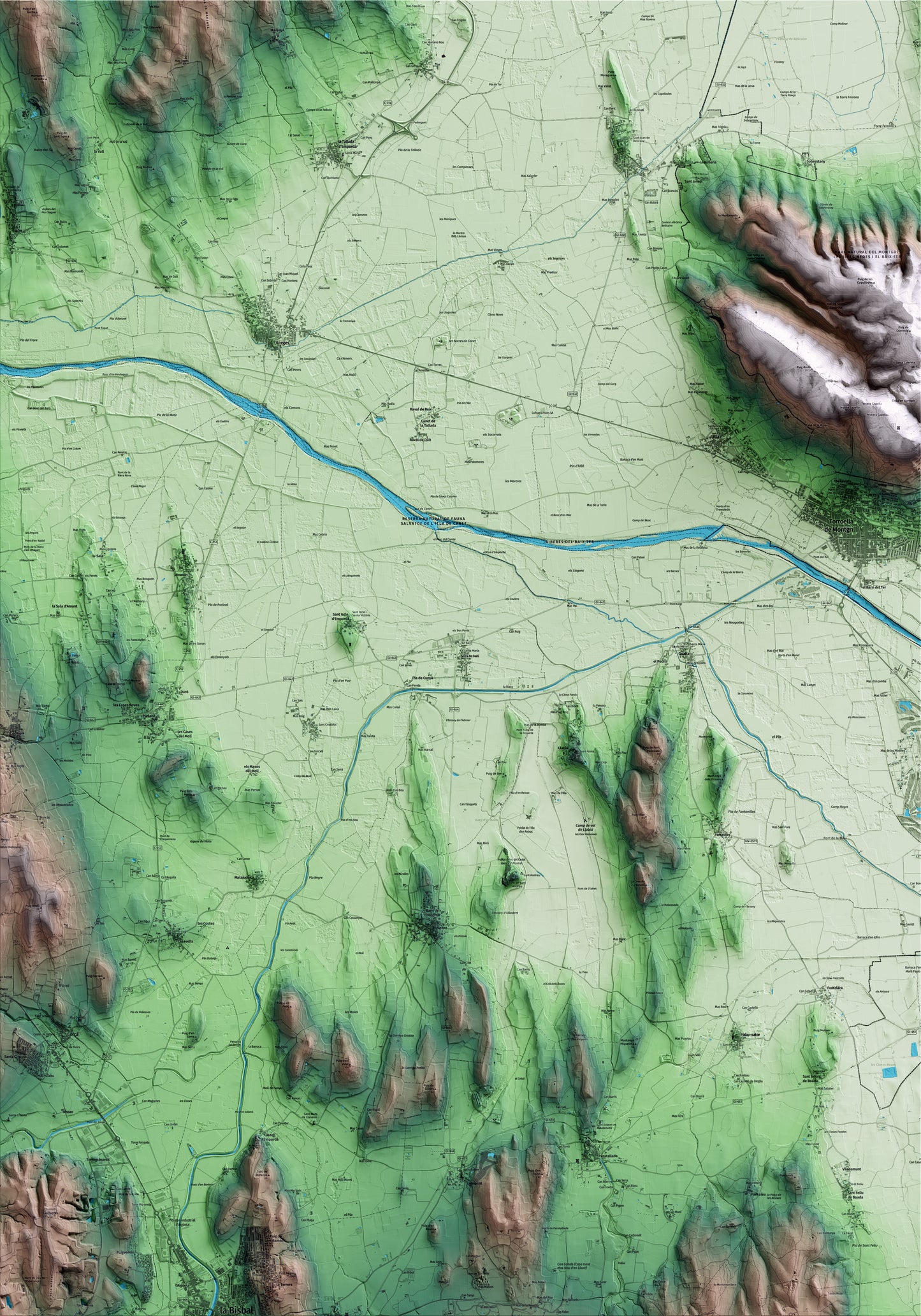 Mapa artístico del relieve de Serra de Daró, al Baix Empordà, con 15 km de entorno y base topográfica ICGC