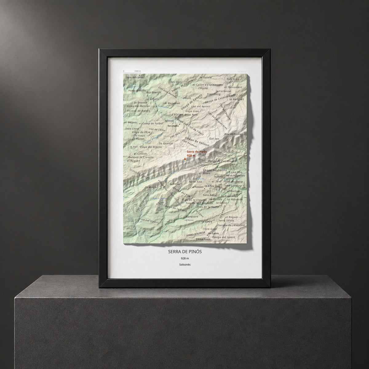 Mapa de relieve de Serra de Pinós, 928 m, Solsonès, lámina 100 Cims de Trobart. Presentación enmarcada. 21 × 30 cm.