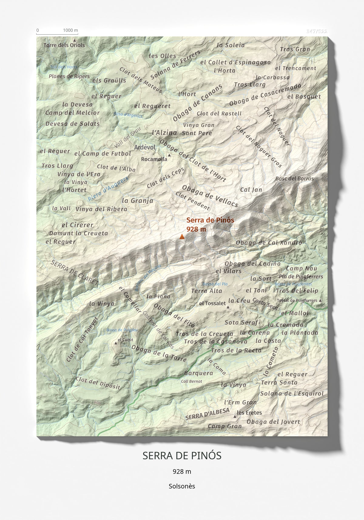Mapa de relieve de Serra de Pinós, 928 m, Solsonès, lámina 100 Cims de Trobart 21 × 30 cm.