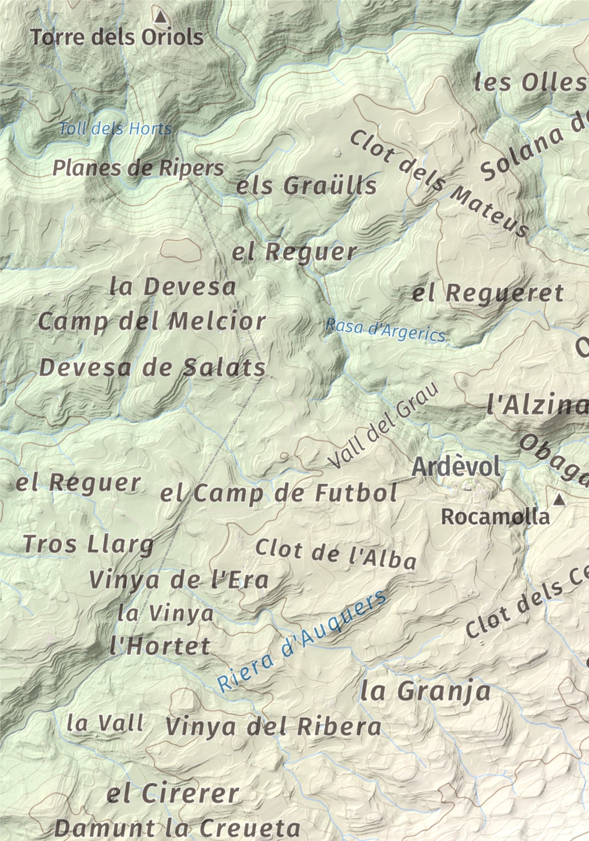 Mapa de relieve de Serra de Pinós, 928 m, Solsonès, lámina 100 Cims de Trobart. Detalle de la zona superior izquierda. 21 × 30 cm.