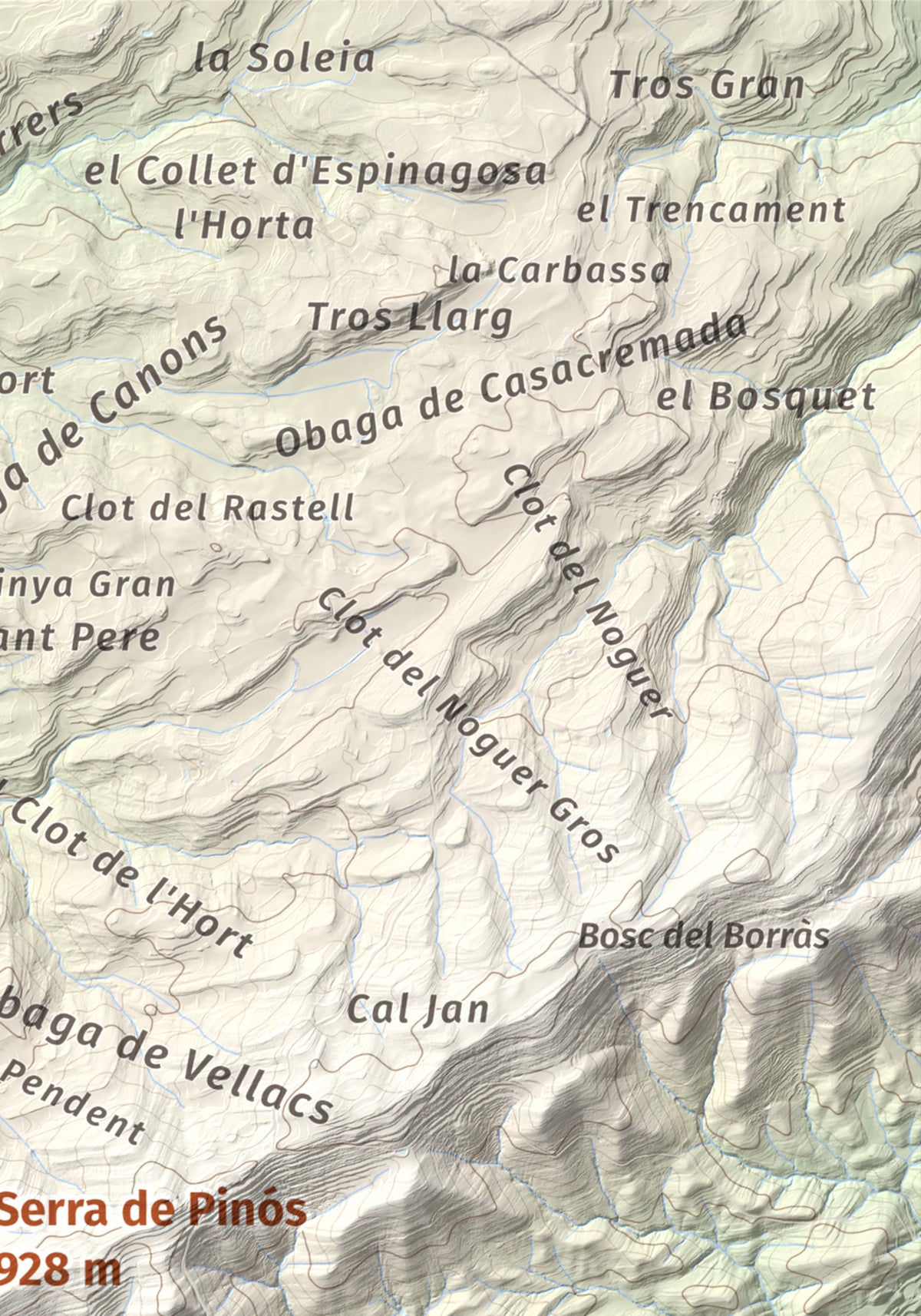 Mapa de relieve de Serra de Pinós, 928 m, Solsonès, lámina 100 Cims de Trobart. Detalle de la zona superior derecha. 21 × 30 cm.