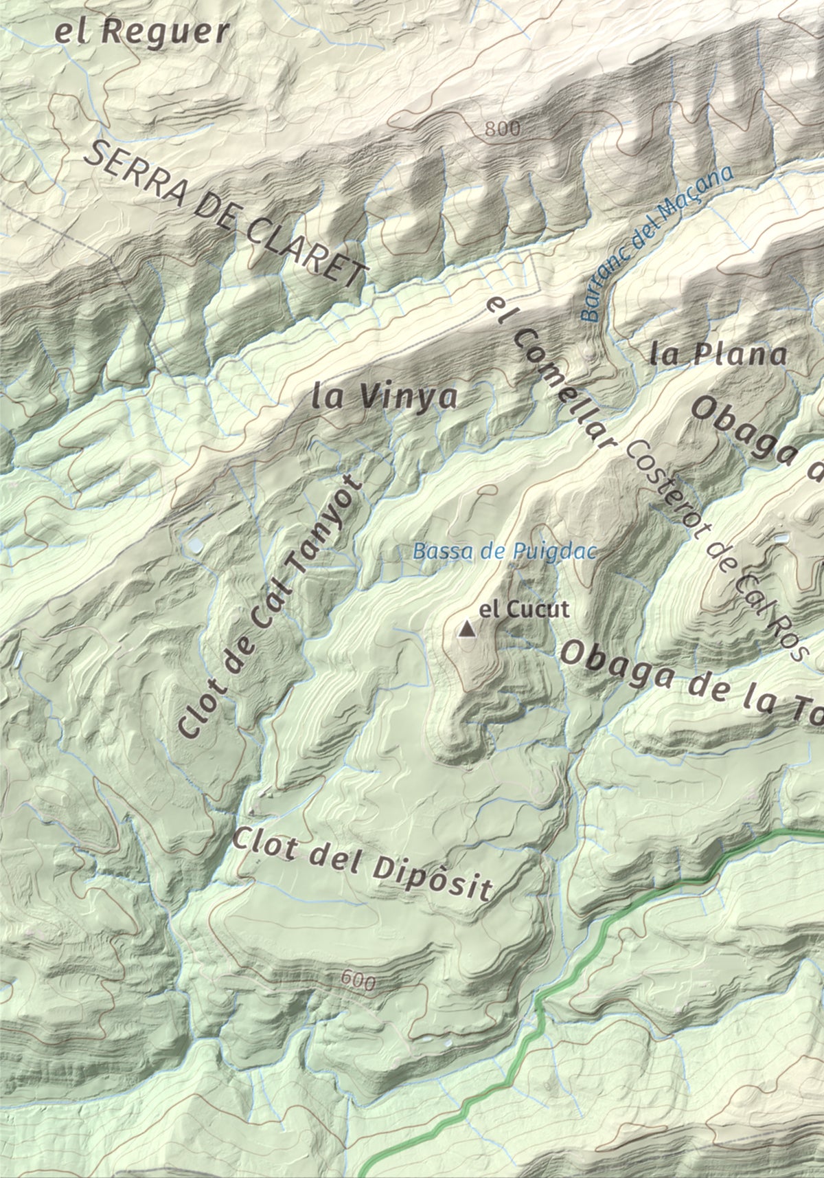 Mapa de relieve de Serra de Pinós, 928 m, Solsonès, lámina 100 Cims de Trobart. Detalle de la zona inferior izquierda. 21 × 30 cm.