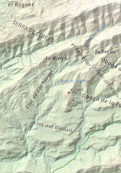 Mapa de relieve de Serra de Pinós, 928 m, Solsonès, lámina 100 Cims de Trobart. Detalle de la zona inferior izquierda. 21 × 30 cm.