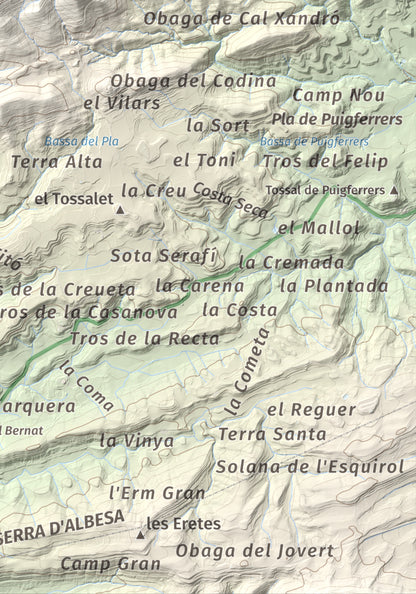 Mapa de relieve de Serra de Pinós, 928 m, Solsonès, lámina 100 Cims de Trobart. Detalle de la zona inferior derecha. 21 × 30 cm.