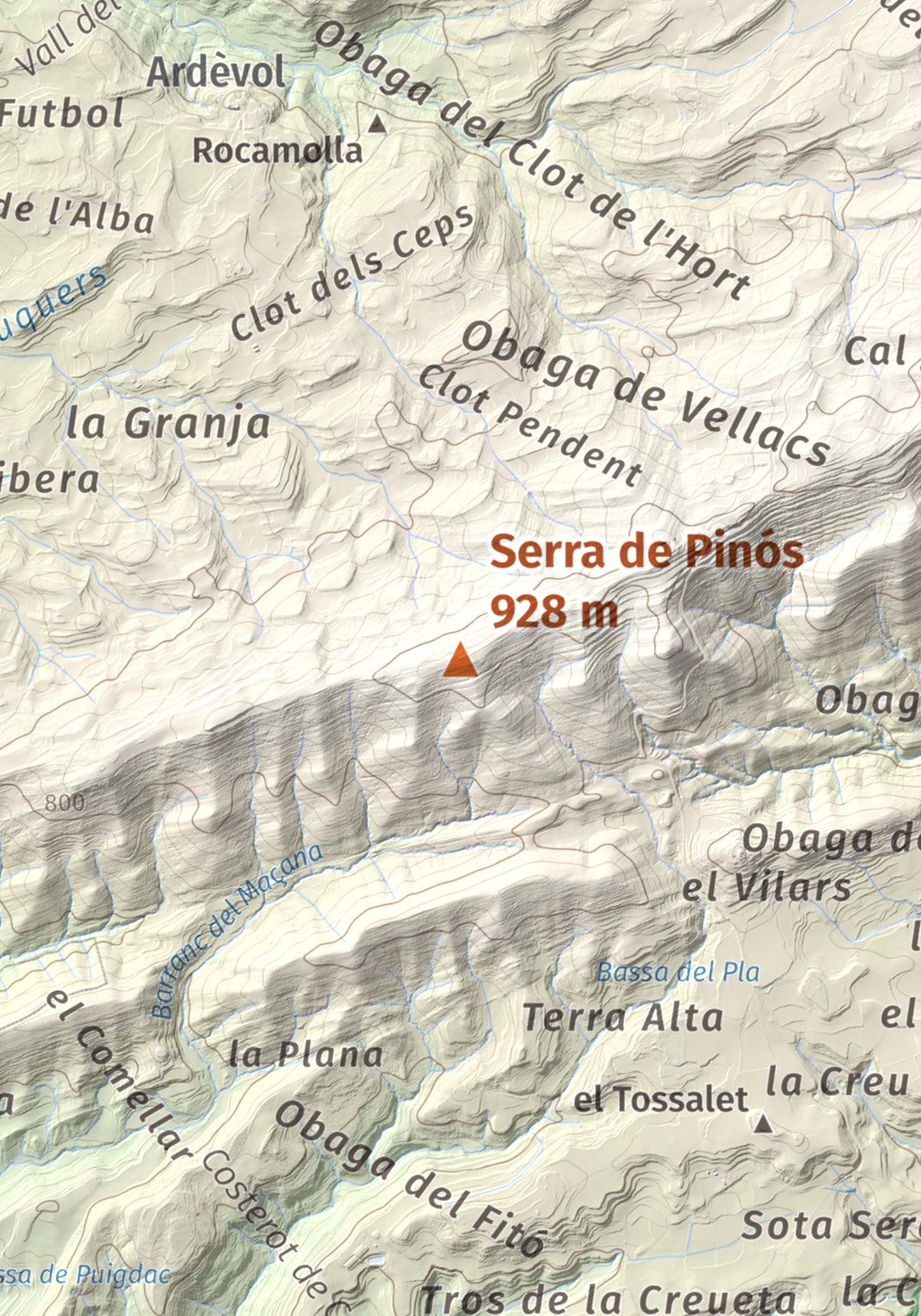 Mapa de relieve de Serra de Pinós, 928 m, Solsonès, lámina 100 Cims de Trobart. Detalle de la zona central. 21 × 30 cm.