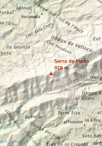 Mapa de relieve de Serra de Pinós, 928 m, Solsonès, lámina 100 Cims de Trobart. Detalle de la zona central. 21 × 30 cm.