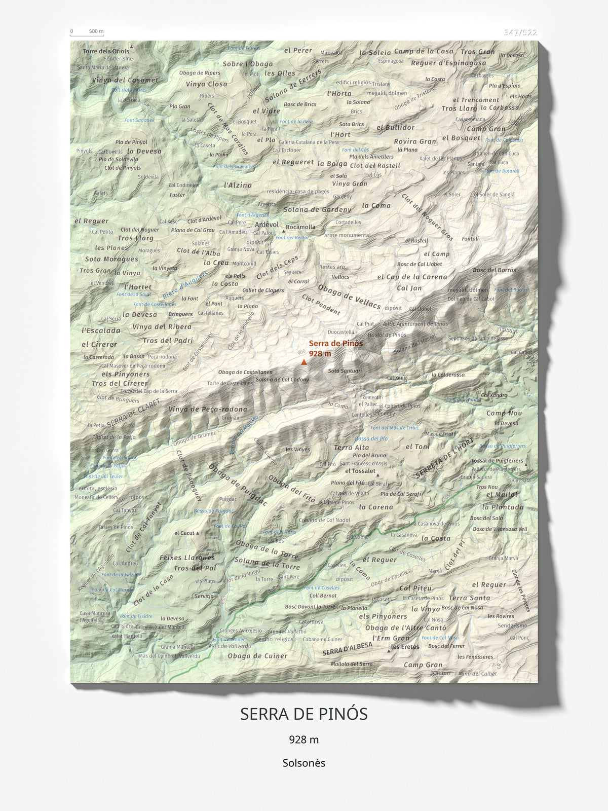 Mapa de relieve de Serra de Pinós, 928 m, Solsonès, lámina 100 Cims de Trobart 30 × 40 cm.