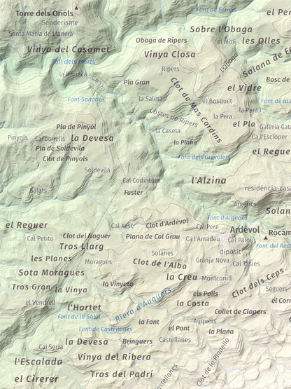 Mapa de relieve de Serra de Pinós, 928 m, Solsonès, lámina 100 Cims de Trobart. Detalle de la zona superior izquierda. 30 × 40 cm.