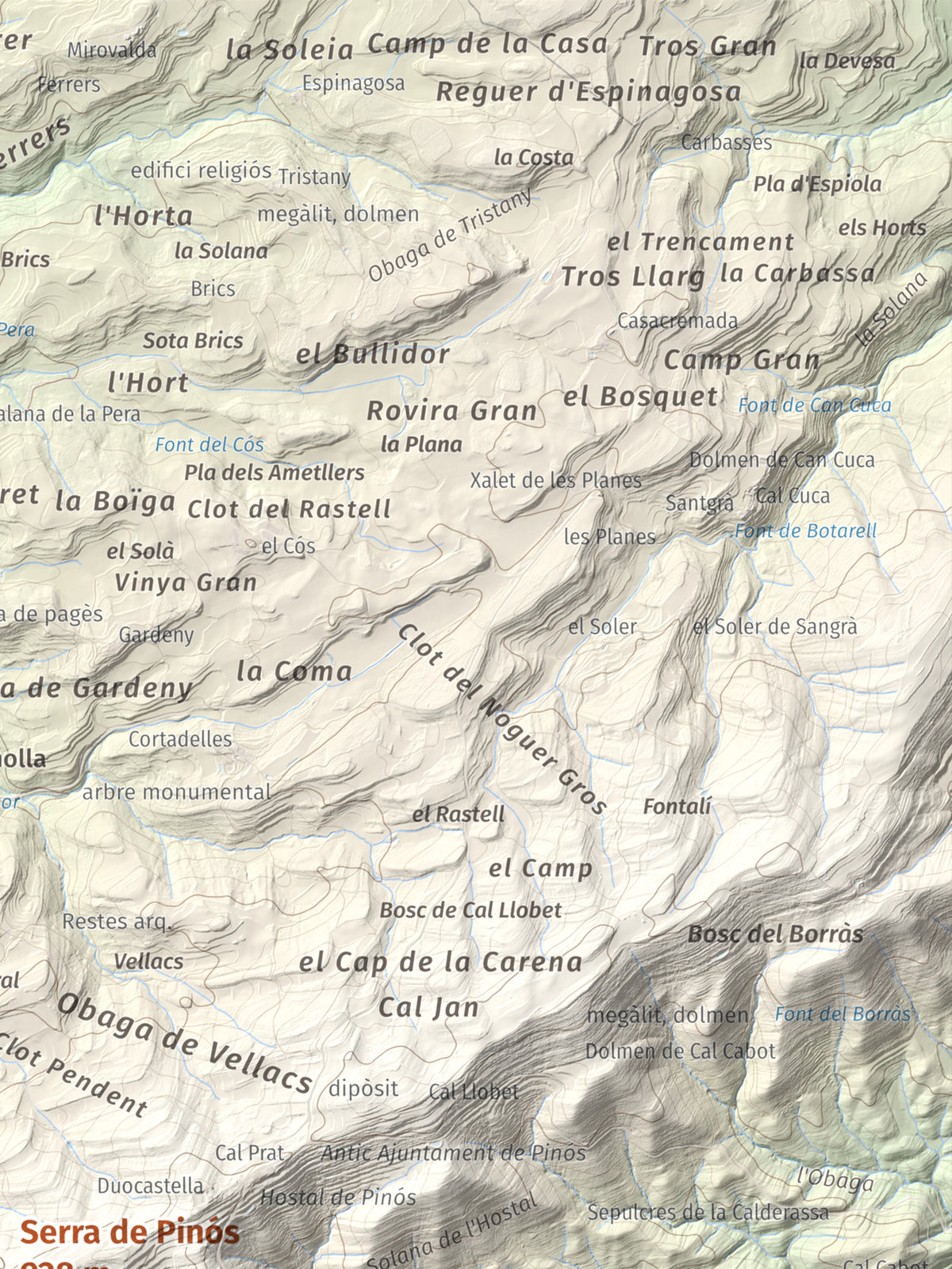 Mapa de relieve de Serra de Pinós, 928 m, Solsonès, lámina 100 Cims de Trobart. Detalle de la zona superior derecha. 30 × 40 cm.