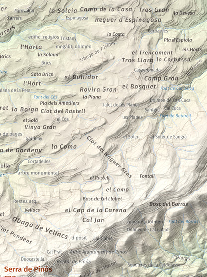 Mapa de relieve de Serra de Pinós, 928 m, Solsonès, lámina 100 Cims de Trobart. Detalle de la zona superior derecha. 30 × 40 cm.