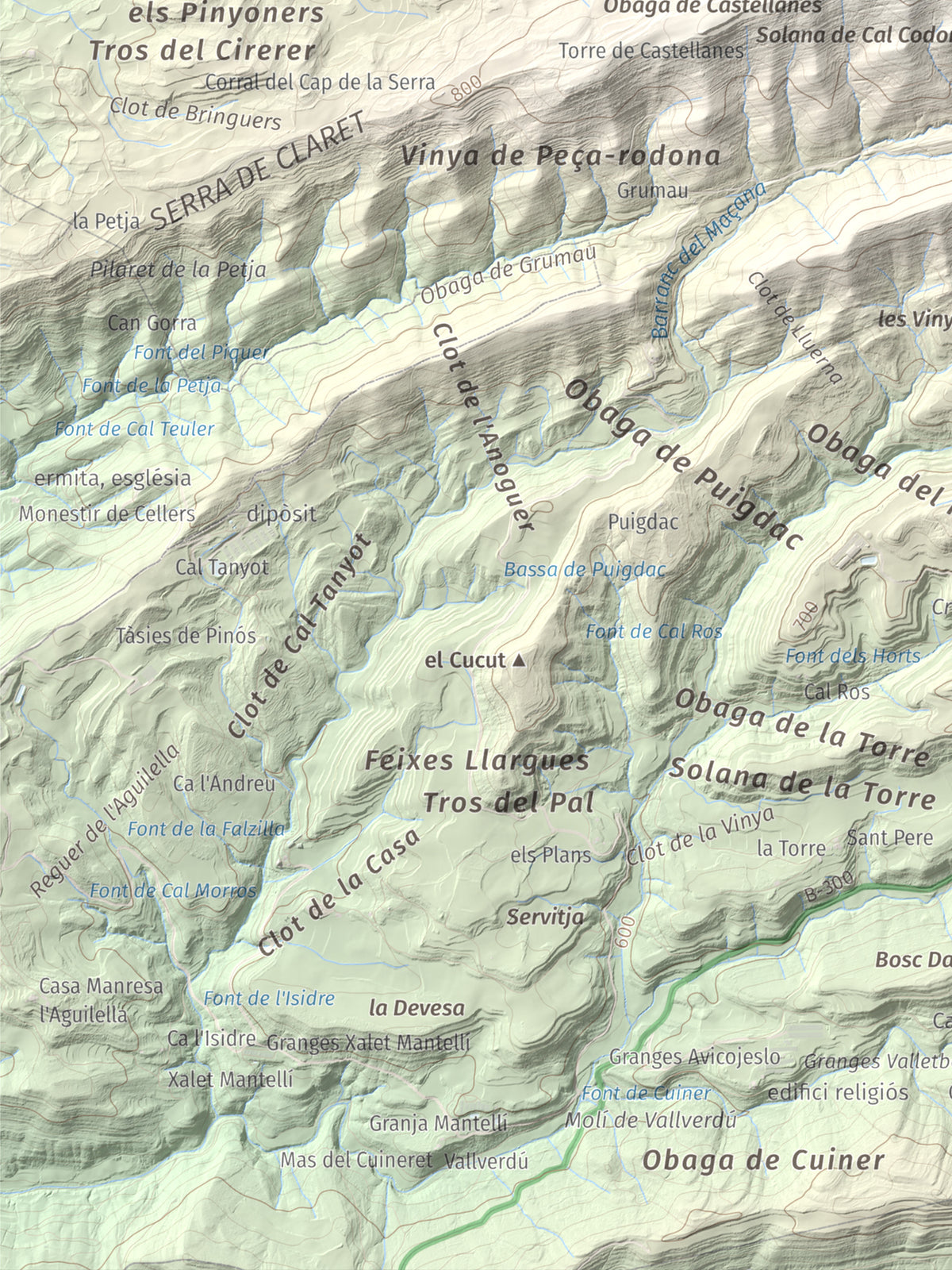 Mapa de relieve de Serra de Pinós, 928 m, Solsonès, lámina 100 Cims de Trobart. Detalle de la zona inferior izquierda. 30 × 40 cm.