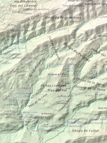 Mapa de relieve de Serra de Pinós, 928 m, Solsonès, lámina 100 Cims de Trobart. Detalle de la zona inferior izquierda. 30 × 40 cm.