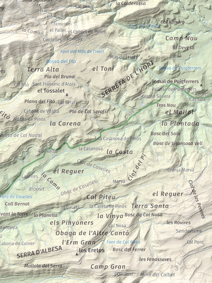 Mapa de relieve de Serra de Pinós, 928 m, Solsonès, lámina 100 Cims de Trobart. Detalle de la zona inferior derecha. 30 × 40 cm.