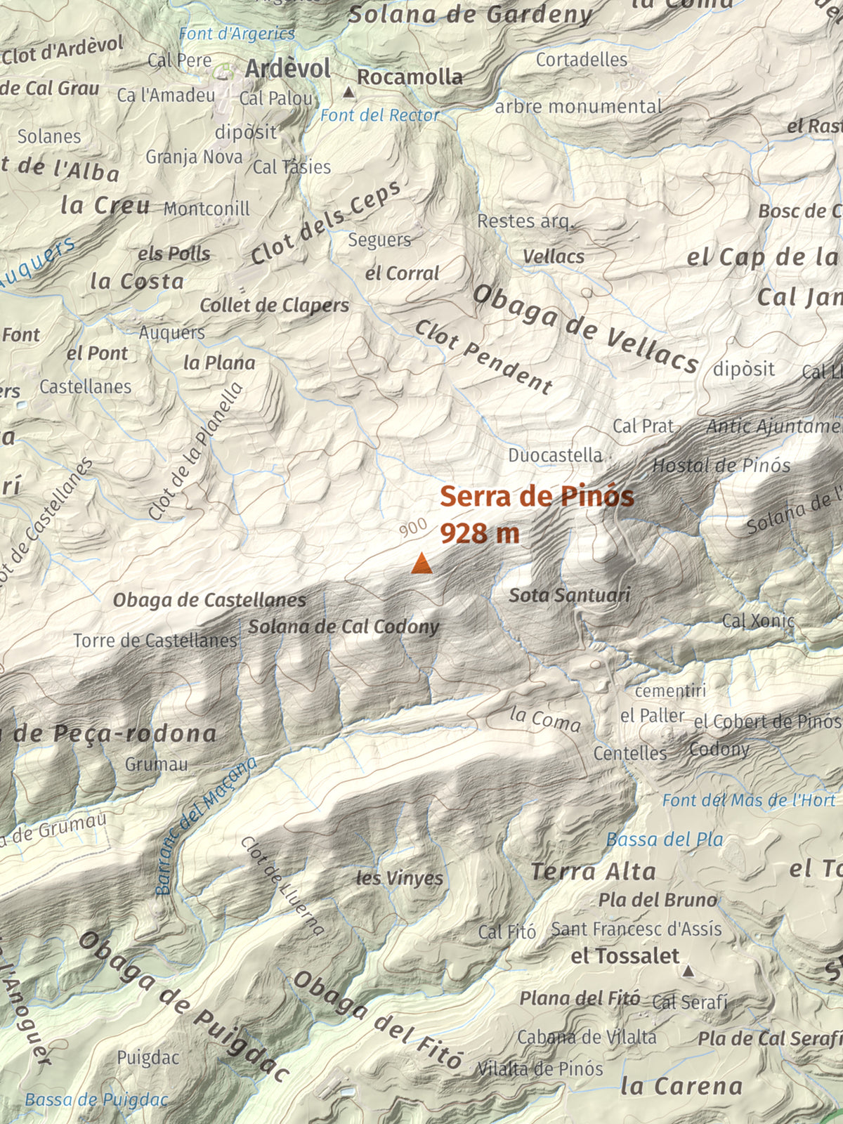 Mapa de relieve de Serra de Pinós, 928 m, Solsonès, lámina 100 Cims de Trobart. Detalle de la zona central. 30 × 40 cm.