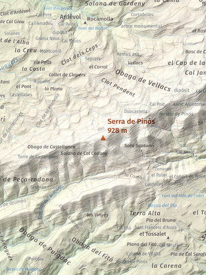 Mapa de relieve de Serra de Pinós, 928 m, Solsonès, lámina 100 Cims de Trobart. Detalle de la zona central. 30 × 40 cm.