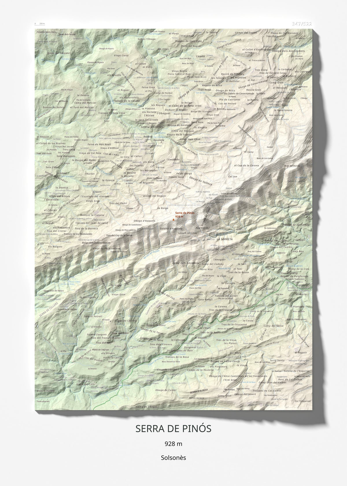 Mapa de relieve de Serra de Pinós, 928 m, Solsonès, lámina 100 Cims de Trobart 50 × 70 cm.