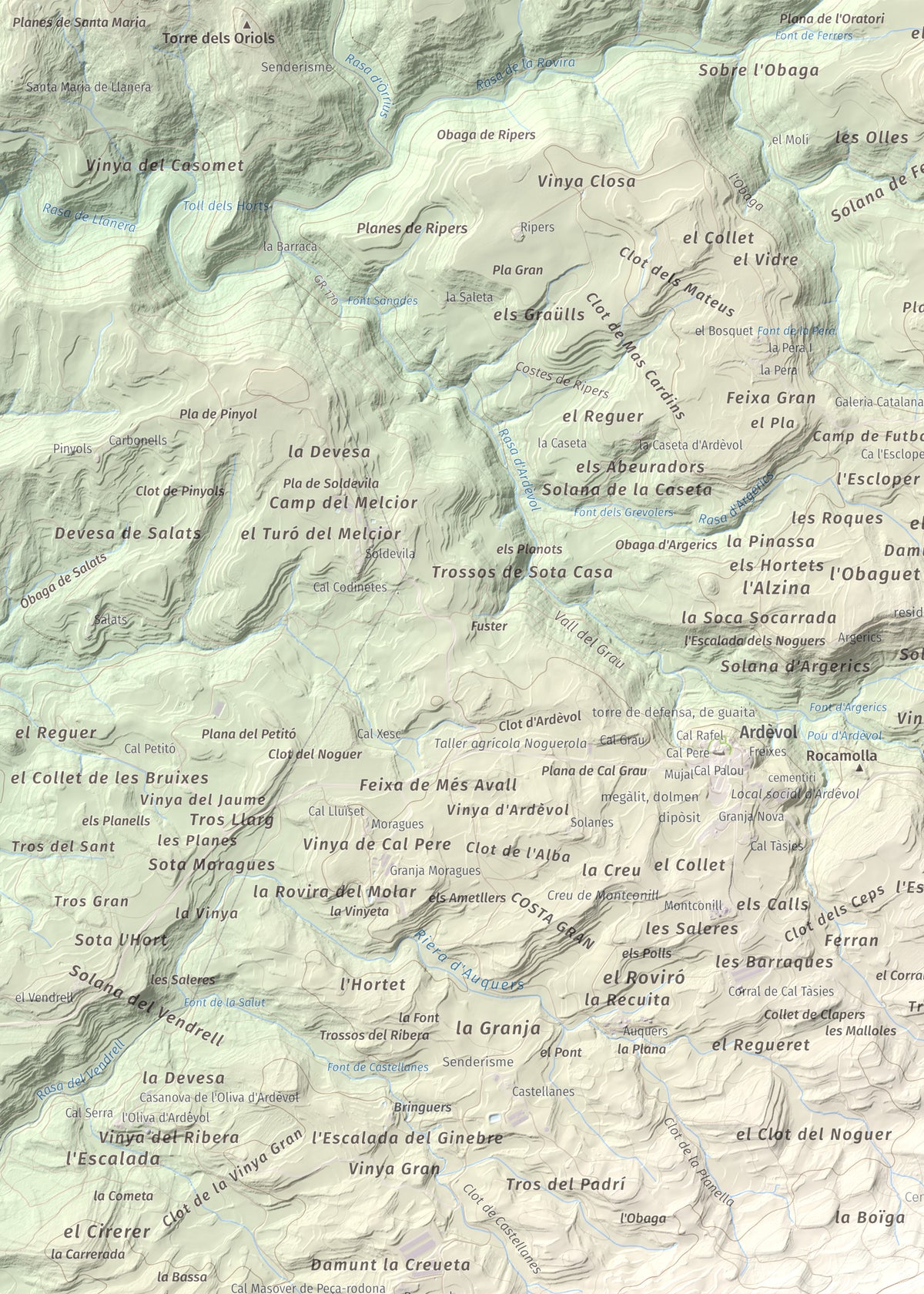 Mapa de relieve de Serra de Pinós, 928 m, Solsonès, lámina 100 Cims de Trobart. Detalle de la zona superior izquierda. 50 × 70 cm.