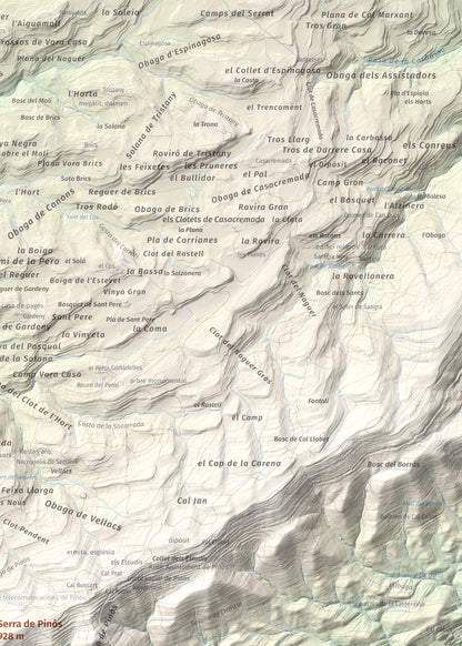 Mapa de relieve de Serra de Pinós, 928 m, Solsonès, lámina 100 Cims de Trobart. Detalle de la zona superior derecha. 50 × 70 cm.