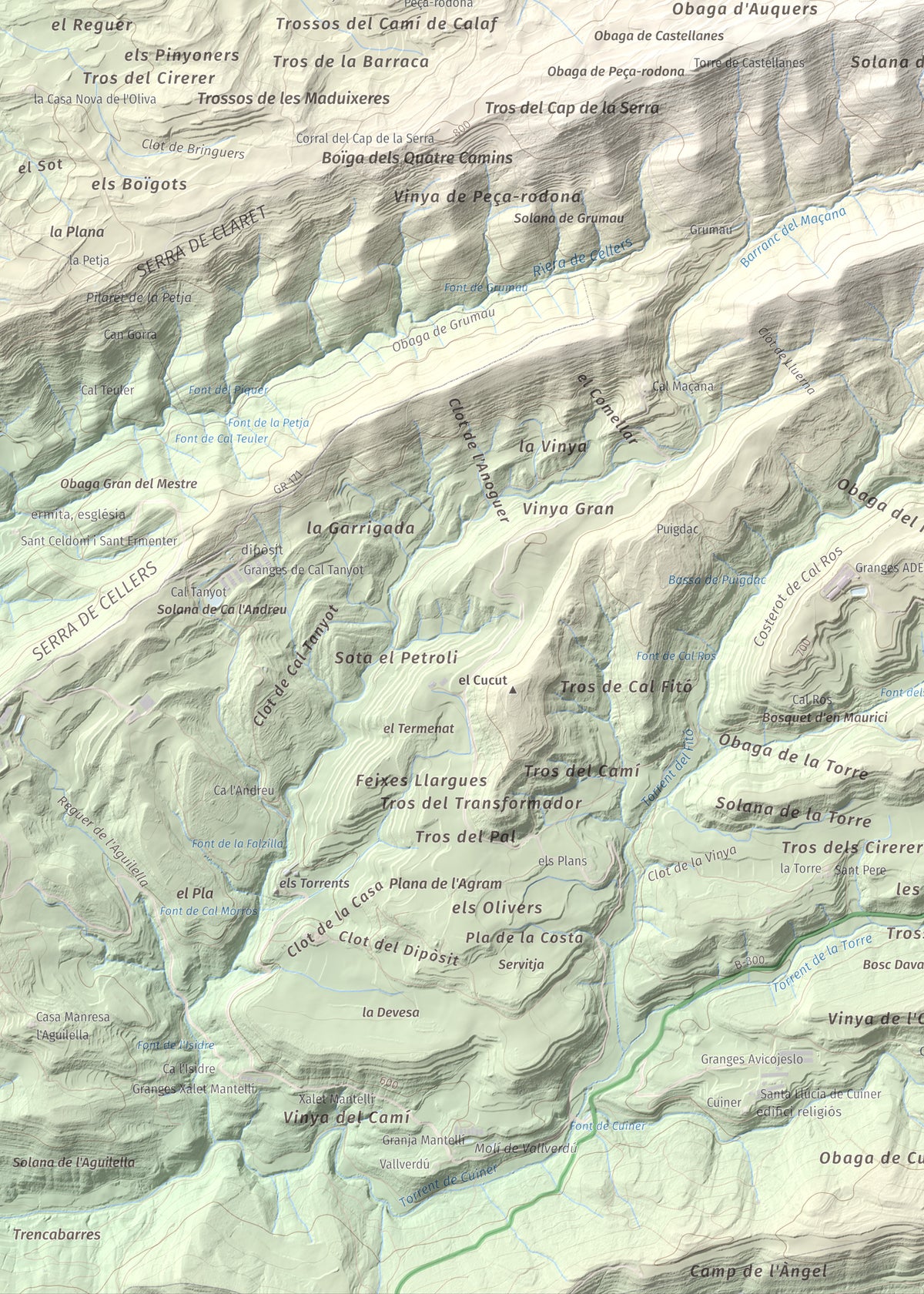 Mapa de relieve de Serra de Pinós, 928 m, Solsonès, lámina 100 Cims de Trobart. Detalle de la zona inferior izquierda. 50 × 70 cm.