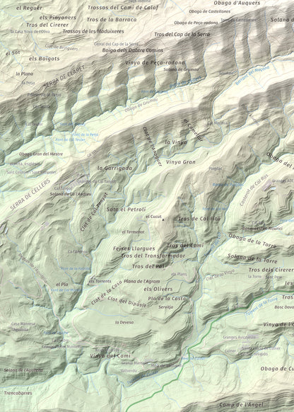 Mapa de relieve de Serra de Pinós, 928 m, Solsonès, lámina 100 Cims de Trobart. Detalle de la zona inferior izquierda. 50 × 70 cm.
