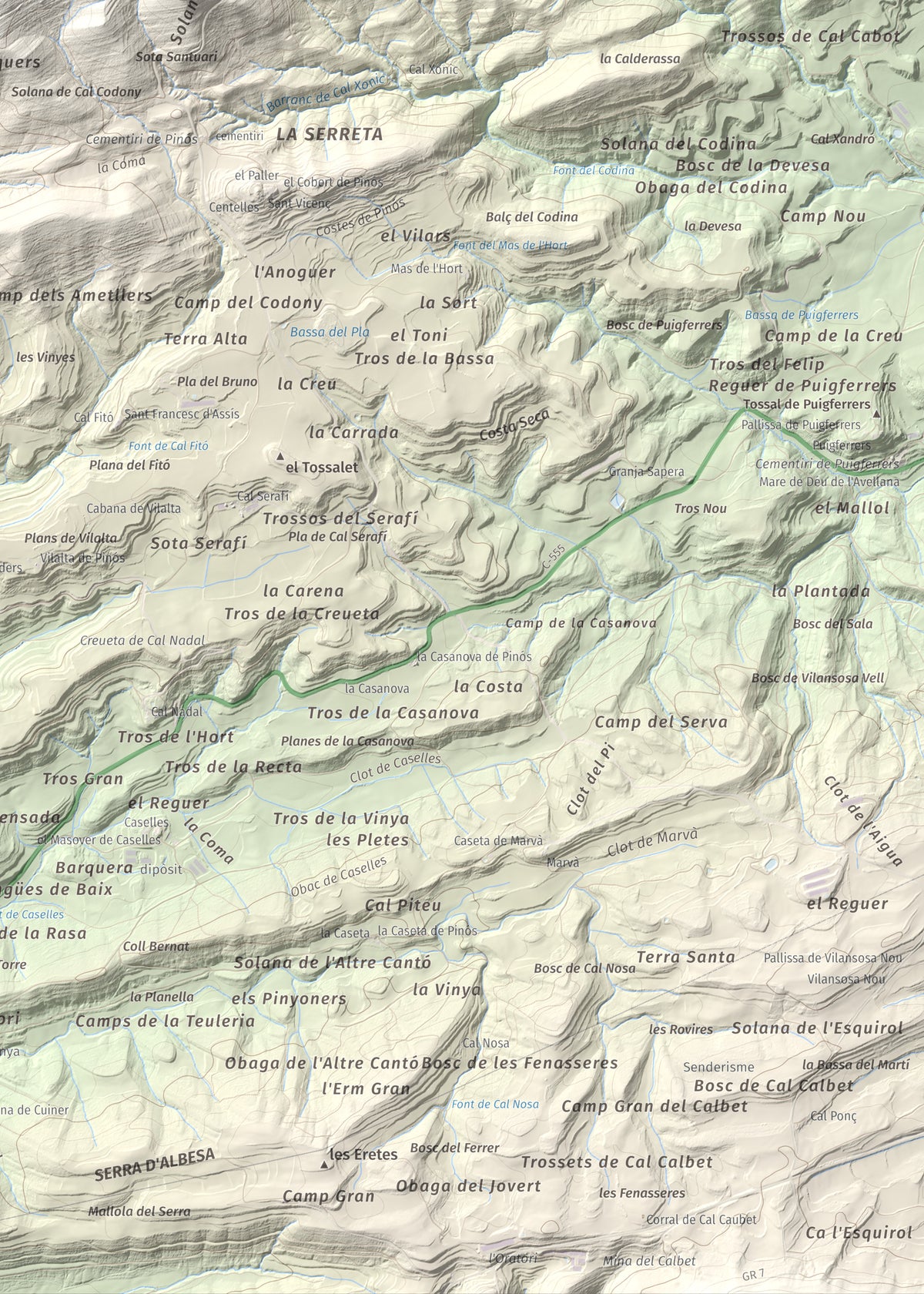 Mapa de relieve de Serra de Pinós, 928 m, Solsonès, lámina 100 Cims de Trobart. Detalle de la zona inferior derecha. 50 × 70 cm.