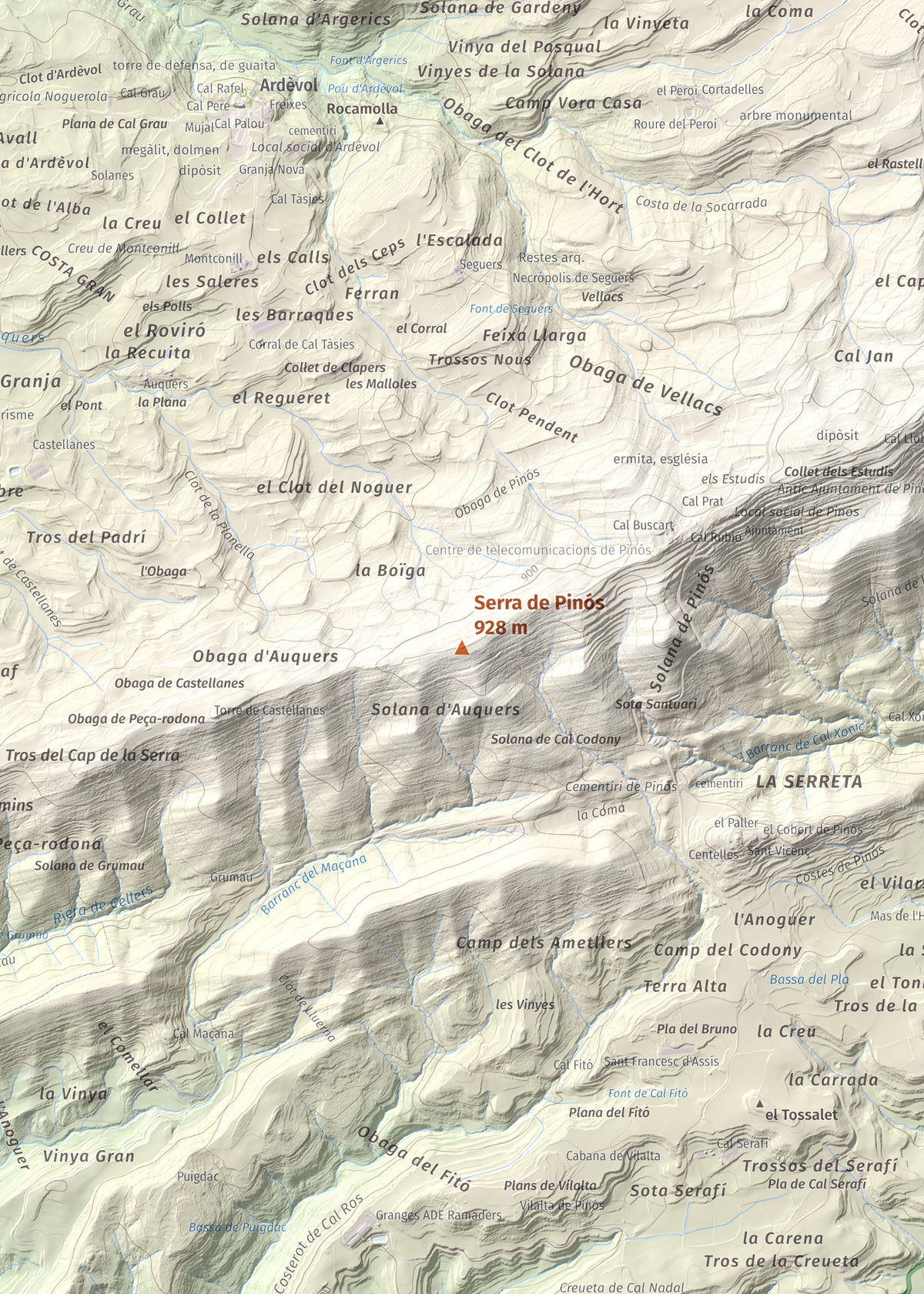 Mapa de relieve de Serra de Pinós, 928 m, Solsonès, lámina 100 Cims de Trobart. Detalle de la zona central. 50 × 70 cm.