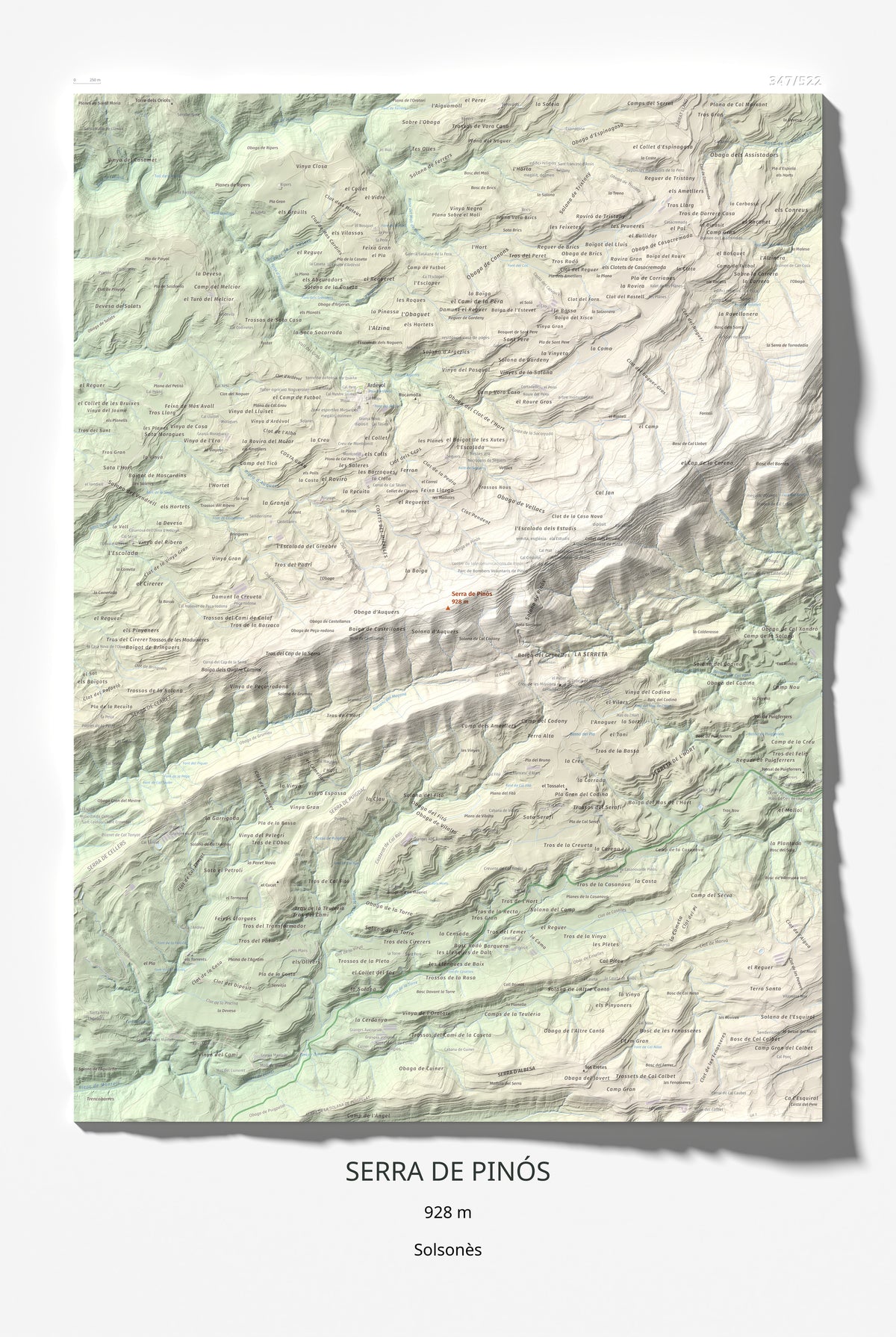 Mapa de relieve de Serra de Pinós, 928 m, Solsonès, lámina 100 Cims de Trobart 61 × 91 cm.