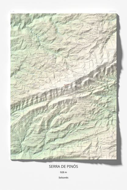 Mapa de relieve de Serra de Pinós, 928 m, Solsonès, lámina 100 Cims de Trobart 61 × 91 cm.