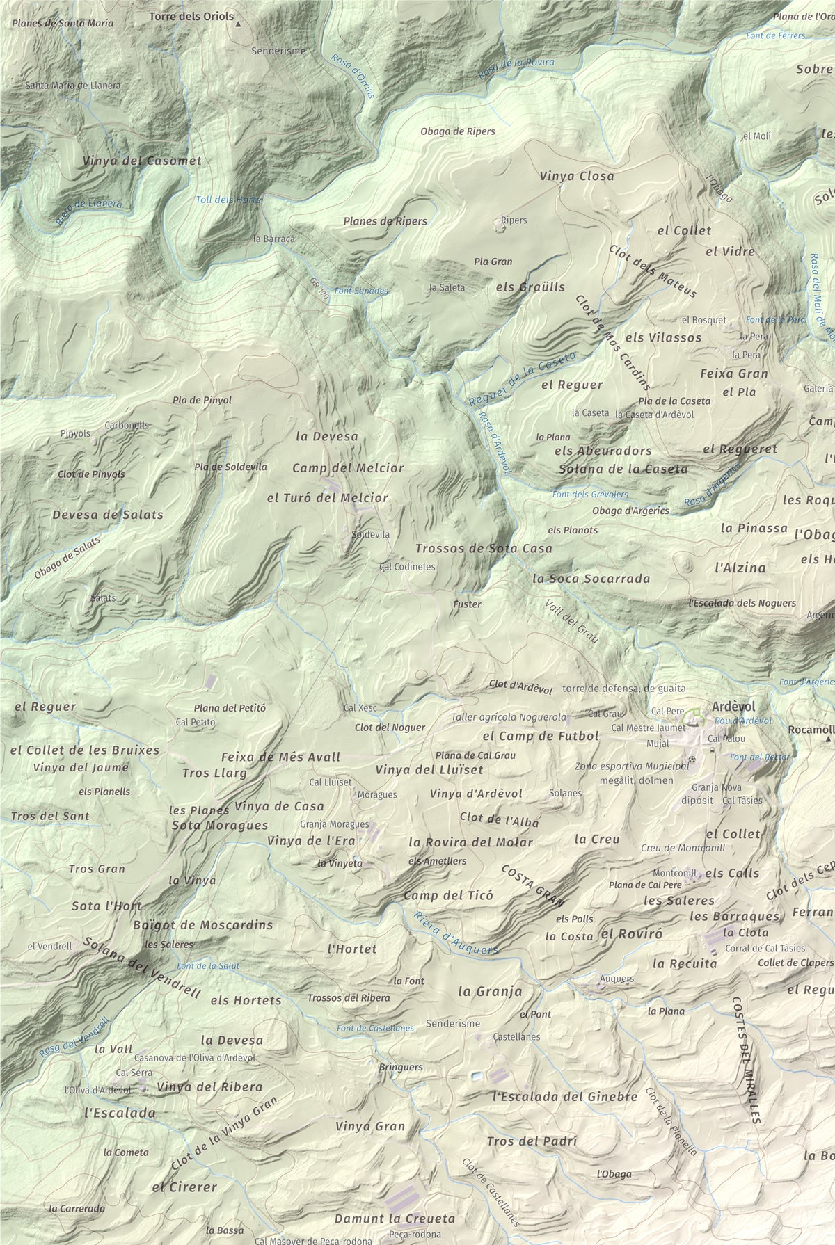 Mapa de relieve de Serra de Pinós, 928 m, Solsonès, lámina 100 Cims de Trobart. Detalle de la zona superior izquierda. 61 × 91 cm.