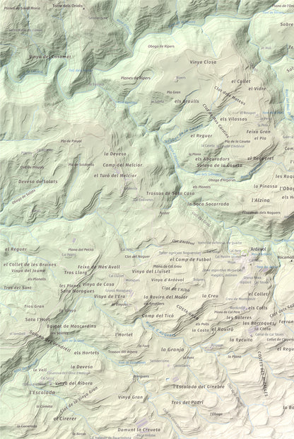 Mapa de relieve de Serra de Pinós, 928 m, Solsonès, lámina 100 Cims de Trobart. Detalle de la zona superior izquierda. 61 × 91 cm.