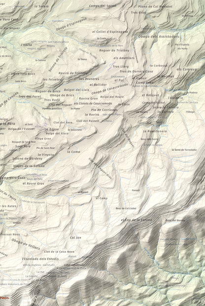 Mapa de relieve de Serra de Pinós, 928 m, Solsonès, lámina 100 Cims de Trobart. Detalle de la zona superior derecha. 61 × 91 cm.