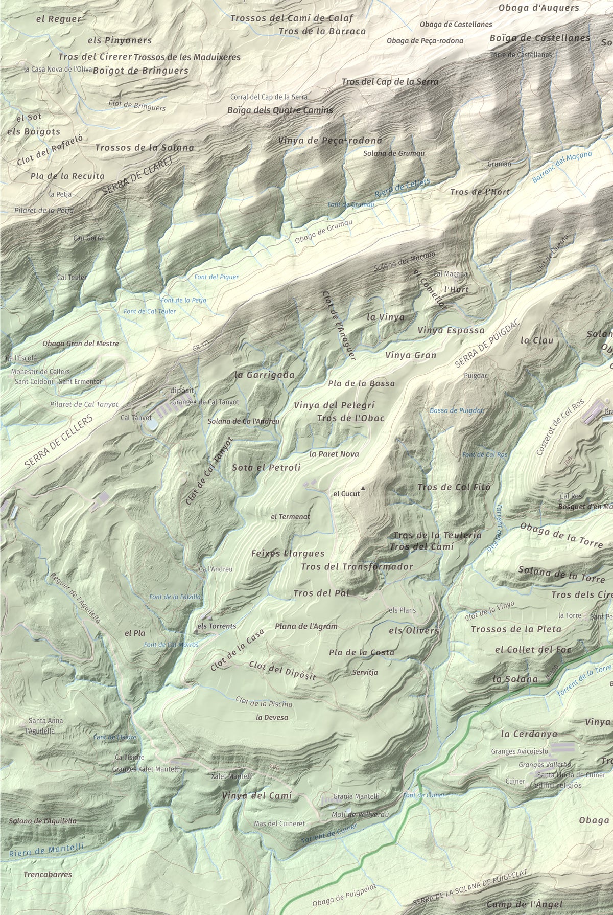 Mapa de relieve de Serra de Pinós, 928 m, Solsonès, lámina 100 Cims de Trobart. Detalle de la zona inferior izquierda. 61 × 91 cm.