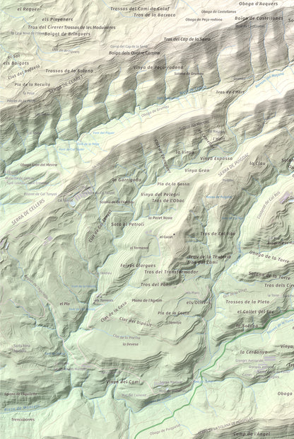 Mapa de relieve de Serra de Pinós, 928 m, Solsonès, lámina 100 Cims de Trobart. Detalle de la zona inferior izquierda. 61 × 91 cm.