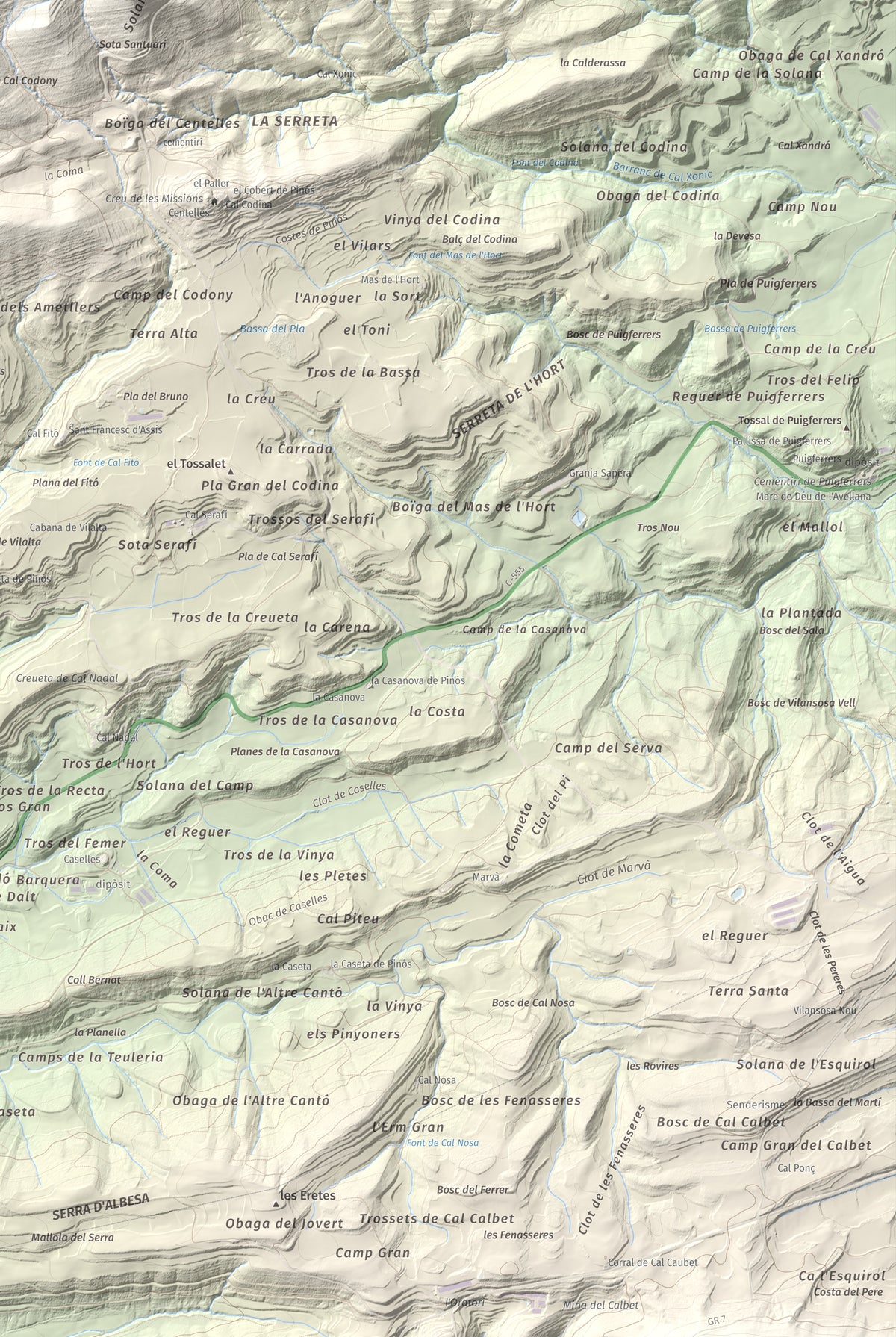 Mapa de relieve de Serra de Pinós, 928 m, Solsonès, lámina 100 Cims de Trobart. Detalle de la zona inferior derecha. 61 × 91 cm.
