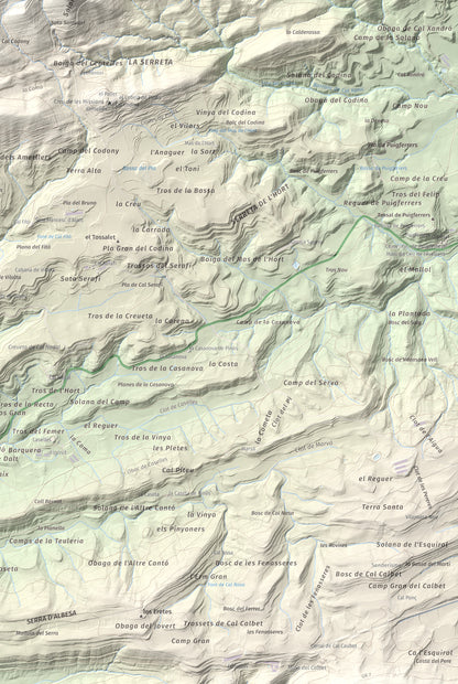 Mapa de relieve de Serra de Pinós, 928 m, Solsonès, lámina 100 Cims de Trobart. Detalle de la zona inferior derecha. 61 × 91 cm.