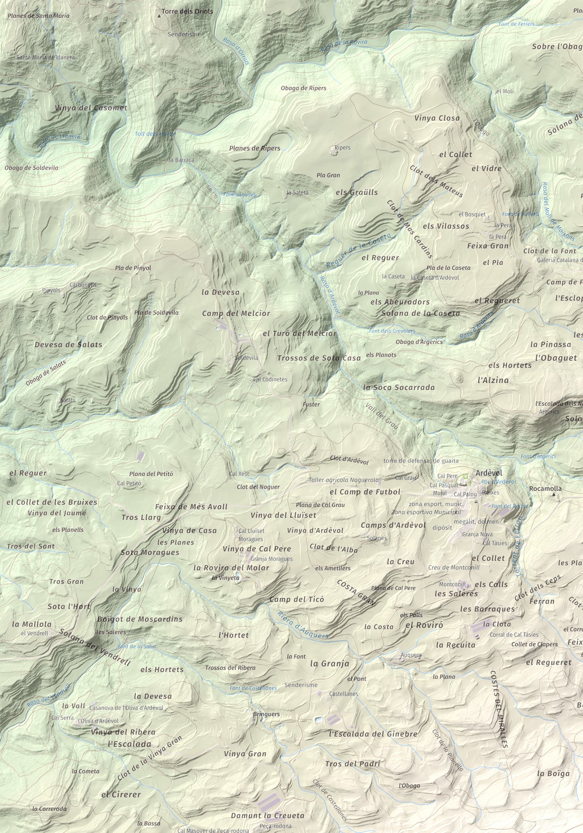 Mapa de relieve de Serra de Pinós, 928 m, Solsonès, lámina 100 Cims de Trobart. Detalle de la zona superior izquierda. 70 × 100 cm.