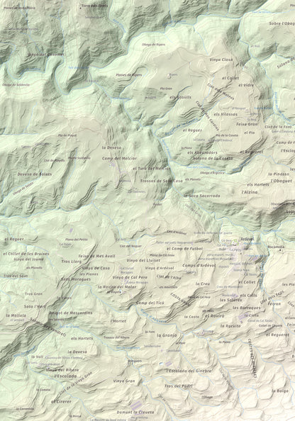 Mapa de relieve de Serra de Pinós, 928 m, Solsonès, lámina 100 Cims de Trobart. Detalle de la zona superior izquierda. 70 × 100 cm.