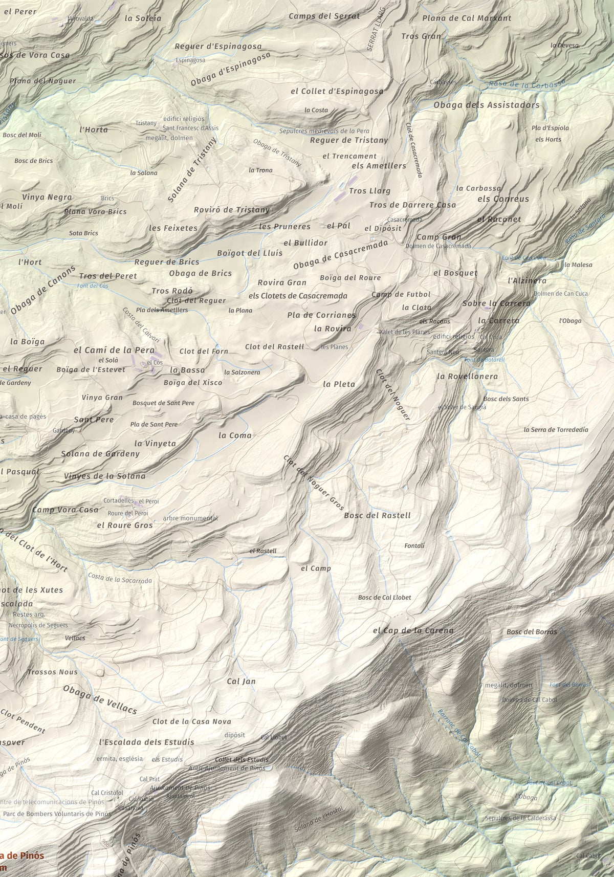 Mapa de relieve de Serra de Pinós, 928 m, Solsonès, lámina 100 Cims de Trobart. Detalle de la zona superior derecha. 70 × 100 cm.