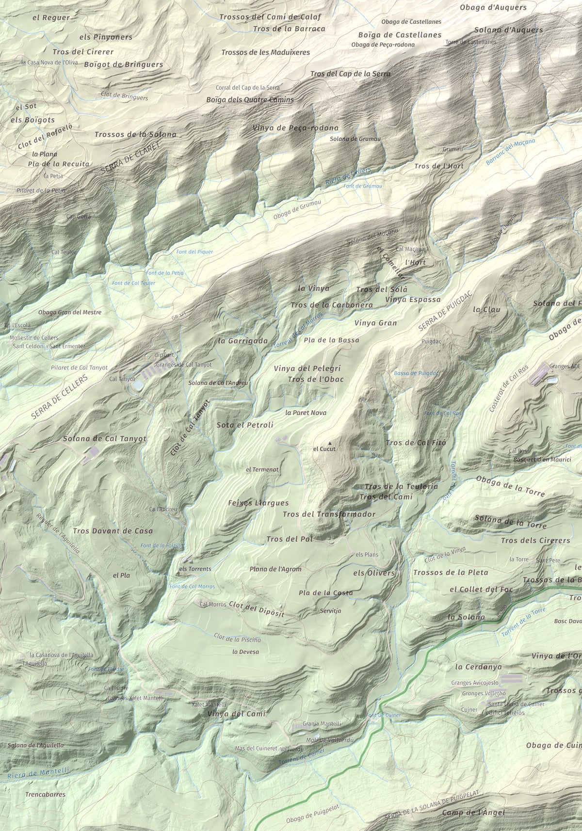 Mapa de relieve de Serra de Pinós, 928 m, Solsonès, lámina 100 Cims de Trobart. Detalle de la zona inferior izquierda. 70 × 100 cm.
