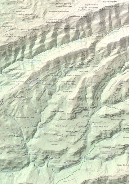 Mapa de relieve de Serra de Pinós, 928 m, Solsonès, lámina 100 Cims de Trobart. Detalle de la zona inferior izquierda. 70 × 100 cm.