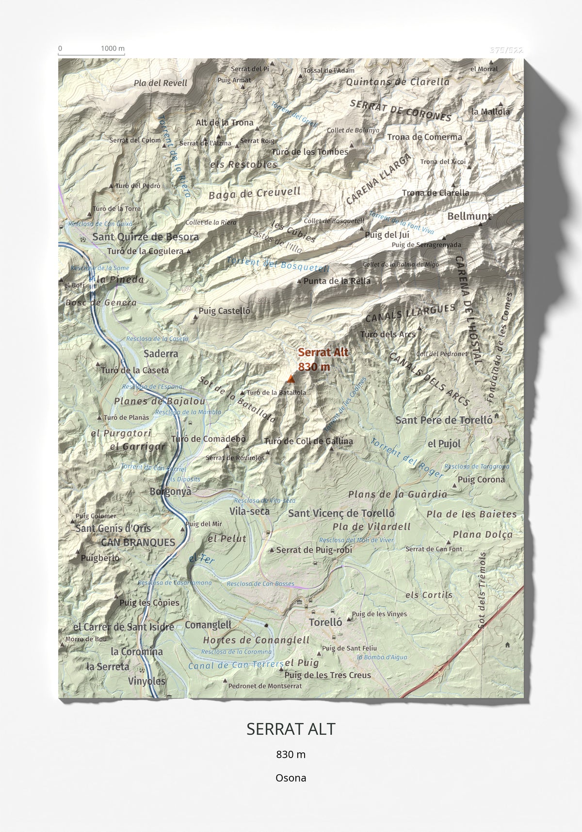 Mapa de relieve de Serrat Alt, 830 m, Osona, lámina 100 Cims de Trobart 21 × 30 cm.