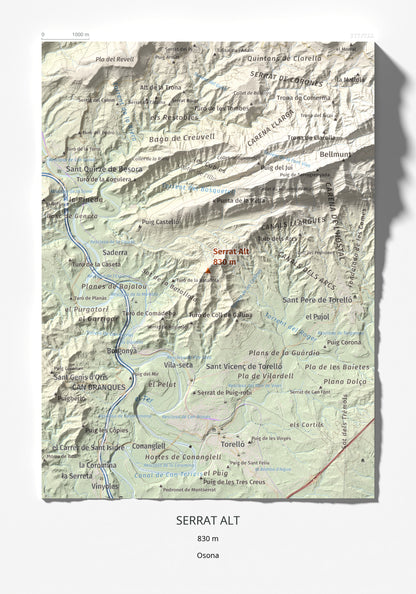 Mapa de relieve de Serrat Alt, 830 m, Osona, lámina 100 Cims de Trobart 21 × 30 cm.