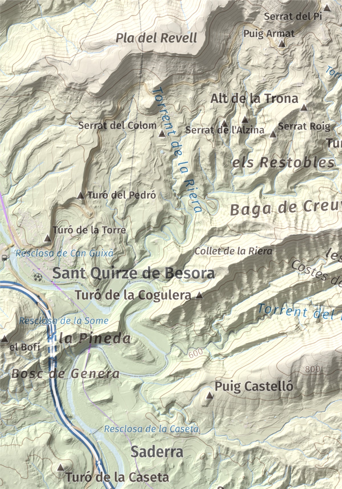 Mapa de relieve de Serrat Alt, 830 m, Osona, lámina 100 Cims de Trobart. Detalle de la zona superior izquierda. 21 × 30 cm.