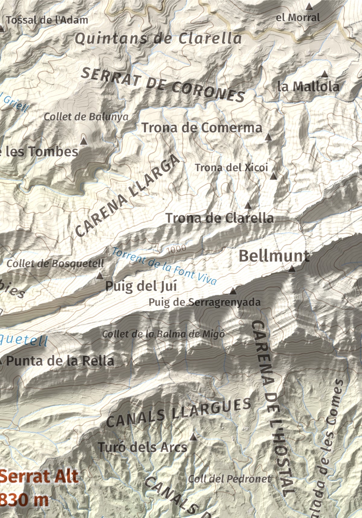 Mapa de relieve de Serrat Alt, 830 m, Osona, lámina 100 Cims de Trobart. Detalle de la zona superior derecha. 21 × 30 cm.