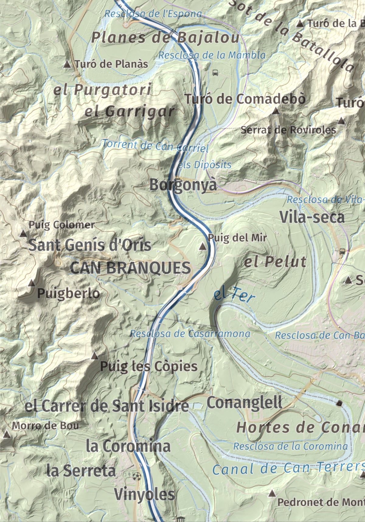 Mapa de relieve de Serrat Alt, 830 m, Osona, lámina 100 Cims de Trobart. Detalle de la zona inferior izquierda. 21 × 30 cm.