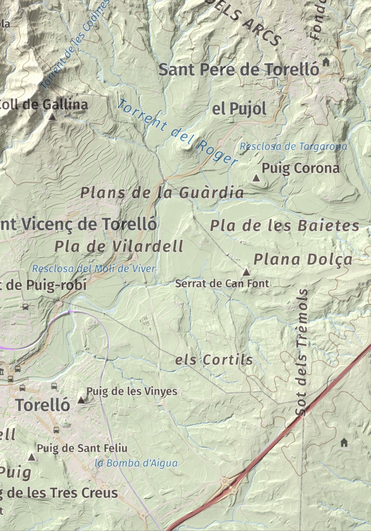 Mapa de relieve de Serrat Alt, 830 m, Osona, lámina 100 Cims de Trobart. Detalle de la zona inferior derecha. 21 × 30 cm.