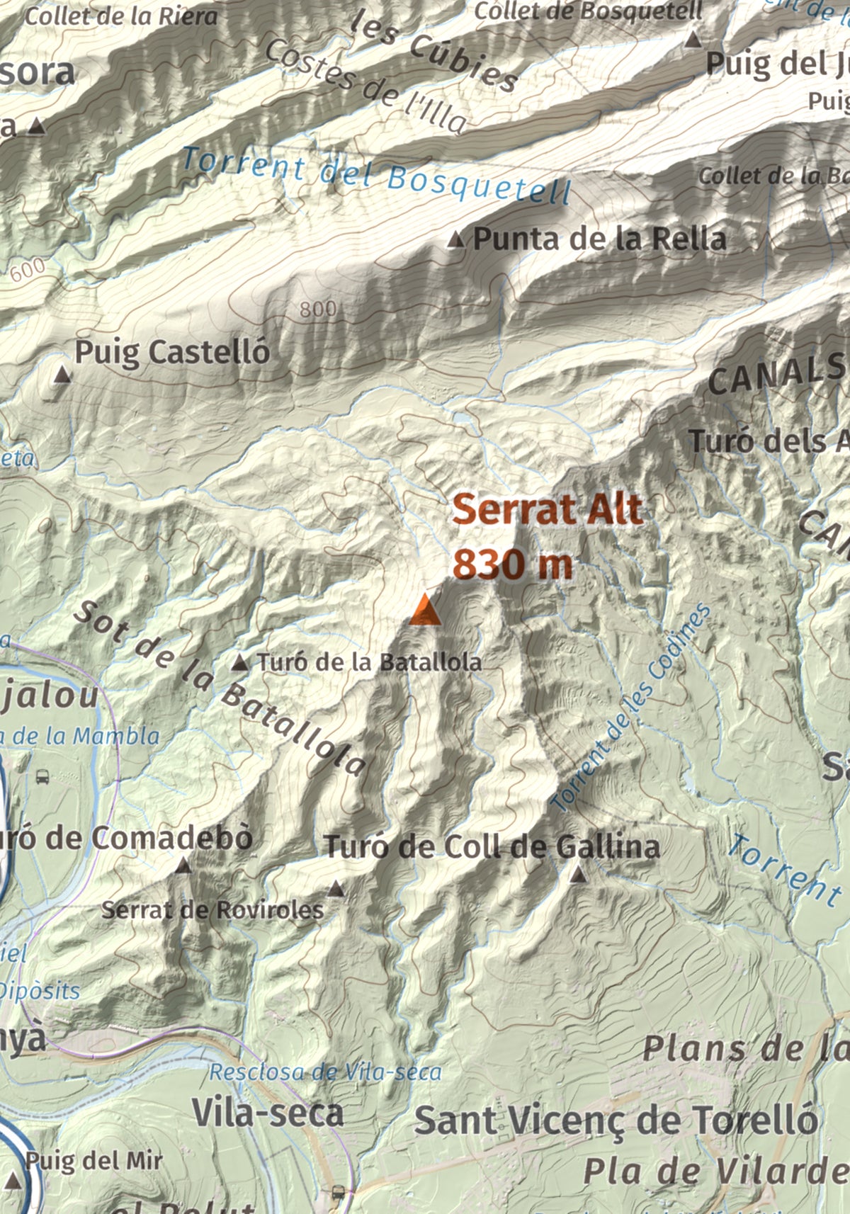 Mapa de relieve de Serrat Alt, 830 m, Osona, lámina 100 Cims de Trobart. Detalle de la zona central. 21 × 30 cm.