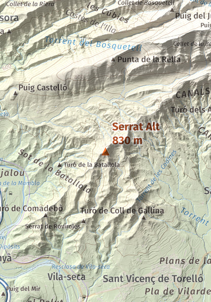 Mapa de relieve de Serrat Alt, 830 m, Osona, lámina 100 Cims de Trobart. Detalle de la zona central. 21 × 30 cm.