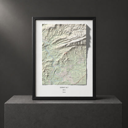 Mapa de relieve de Serrat Alt, 830 m, Osona, lámina 100 Cims de Trobart. Presentación enmarcada. 30 × 40 cm.
